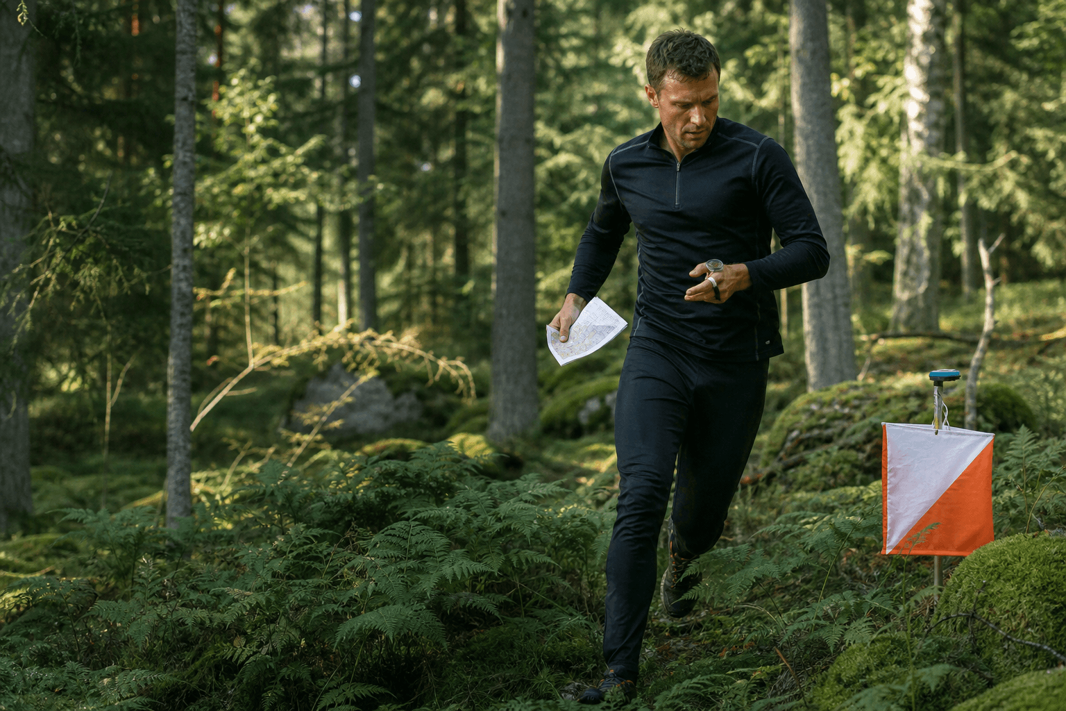 Orienteering runner navigating beside an orange and white control flag in a forest